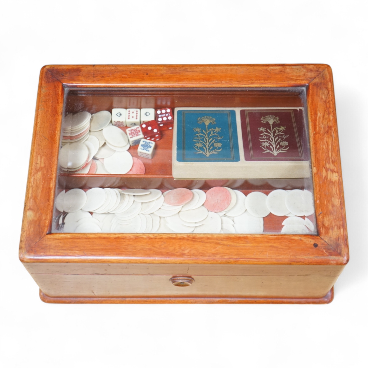 A French stained teak games box with bone counters, various playing cards, etc, 30cm wide